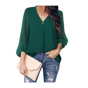 Womens Bebonnie Balloon 3/4 Sleeve Causal Loose V Neck Chiffon Blouse Tops - XXL